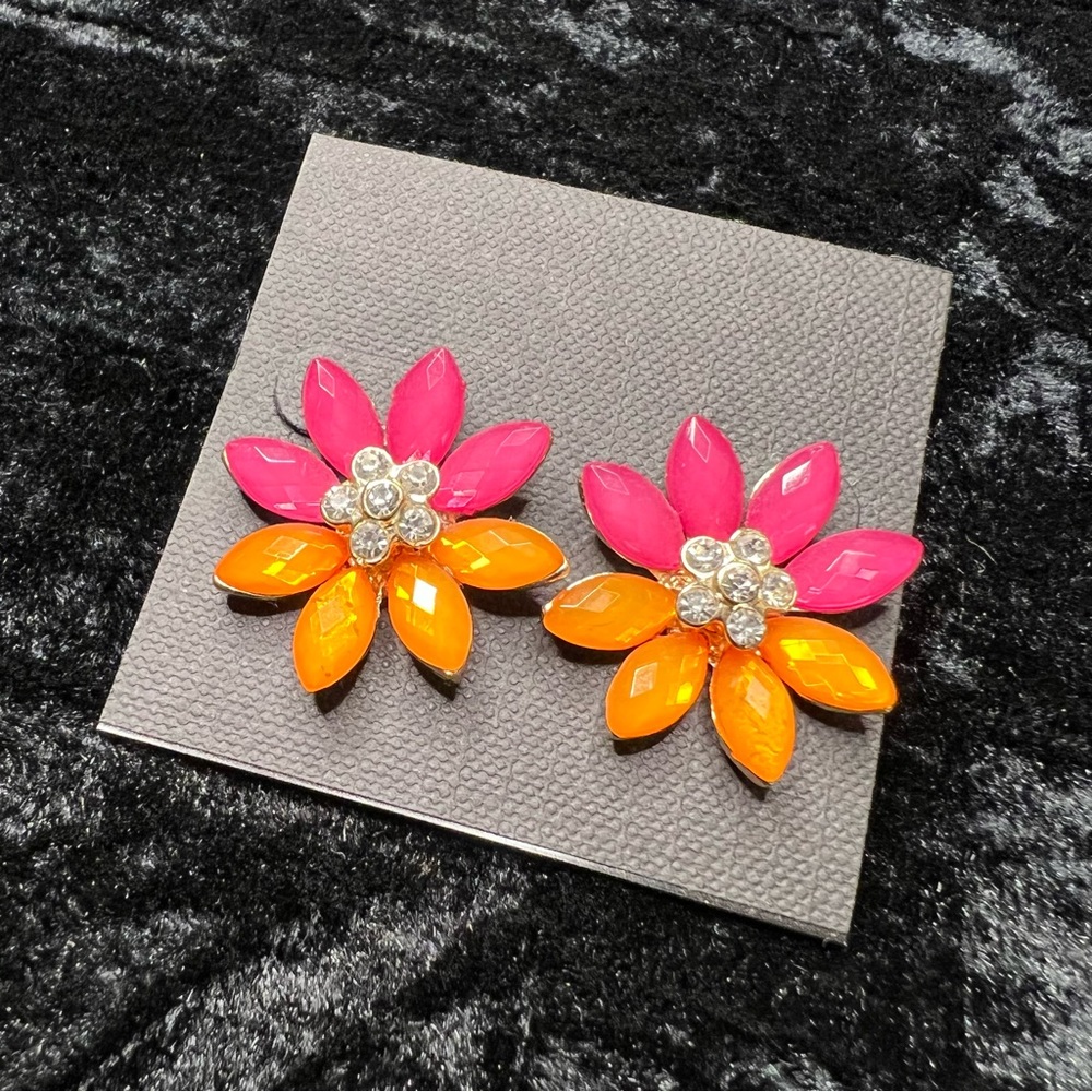 Pink & Orange faceted glass gem flower earrings